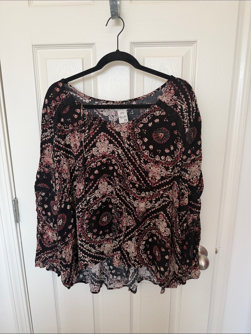 American Rag Black Paisley Long-Sleeve Tunic with Pink and Cream Print